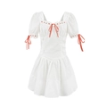 White lace mini dress featuring red bow details and puffed sleeves in a flat lay view - S / White