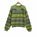 Schicker grün-grau gestreifter Pullover mit Fransenverzierung und geripptem Rundhals - Einheitsgröße / Grün Bunt