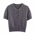 Dark grey short sleeve knit cardigan with rhinestones on round neckline and chest - S / Dark Gray