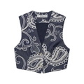 Women's dark blue paisley embroidered denim vest with gold buttons and V-neckline - XS / Tops