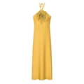 Ginger yellow halter maxi dress with 3D floral neck design and smooth satin texture - S / Yellow