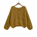 Minimalist ginger yellow V-neck chunky knit sweater with colorful speckled yarn detailing - One Size / Ginger Yellow