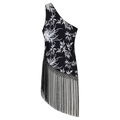 Abito asimmetrico monospalla nero da donna con stampa floreale e lunghe nappe - S / Nero