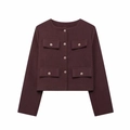 Veste courte bordeaux pour femme en tweed avec col rond et poches à rabat chic - Brun Rouge