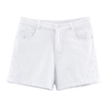 Women's white high-waisted denim shorts featuring elegant hollow lace embroidery details - XS / Shorts