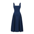 Detalle de vestido azul marino sin mangas con escote cuadrado y cintura plisada elegante - S / Azul Marino