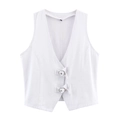 White denim V-neck cropped vest with silver D-ring buckles on a clean white background - XS / Tops