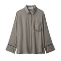 Women's 2-piece set with grey khaki long sleeve shirt featuring black piping and chest pocket - XS / Tops