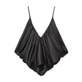 Detailed close-up of a black satin camisole featuring intricate tiered pleats and slim straps - XS / Black