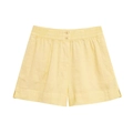 Front flat lay of light yellow women's cotton linen shorts with button waist detail - XS / Light Yellow Pants