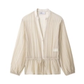 Elegante beige geplooide blouse met lange mouwen, V-hals en trekkoord in de taille - XS / Beige Top