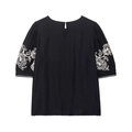 Women's black short sleeve blouse featuring intricate white paisley floral embroidery and puff sleeves - XS / Black Top