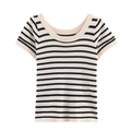 Dames gebreide top met korte mouwen, ronde hals en zwart-crème gestreept patroon - S / Wit Gestreept