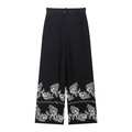 Women's black high-waist wide-leg pants with elegant white vintage floral embroidery - XS / Black Pants