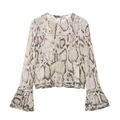 Women snake print long sleeve blouse with elegant multi-layer ruffled hem and bell sleeves - Tops