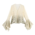 Elegant cream white chiffon blouse with green floral pattern and flared sleeves - XS / Off White