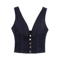 Nauwsluitend donkerblauw denim vest voor dames met V-hals en koperen knopen - XS / Donkerblauw