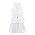 Elegant white two-piece set featuring a sleeveless waistcoat and pleated mini skirt - XS / White