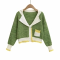 Women's green knit cardigan with white V-neck collar and contrast yellow wavy trim - One Size / Green White Yellow Patchwork Style
