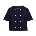 Donkerblauwe linnen jas met korte mouwen, gouden knopen en contrasterende stiksels - XS / Tops