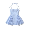 French style blue and white striped halter dress with buttons and pleated skirt - S / Blue Stripe