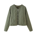 Women's army green diamond quilted jacket with silver zipper and collarless design - S / Army Green