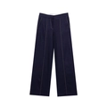 Donkerblauwe linnen broek voor dames met wijde pijpen, hoge taille en stiksels - XS / Pants