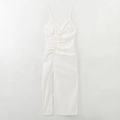 Elegante abito midi bianco arricciato con spalline sottili e spacco laterale donna - XS / Bianco