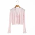 Pink slim-fit knit cardigan with delicate lace trim and front tie closure for women - One Size / Pink