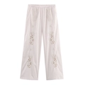 Weiße Damen-Baumwollhose mit weitem Bein, floraler Stickerei und praktischem Gummizug - XS / Off-White Weite Hose