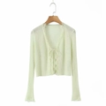 Dames gebreid vest in lichtgroen met kantafwerking en striksluiting in crop-model - Eén maat / Groen
