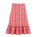 White A-line skirt featuring red floral embroidery and elegant ruffle hem detail - XS / Skirt (Red Floral)