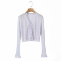 Elegant light purple knit cardigan with delicate lace trim and ribbon front tie closure - One Size / Purple