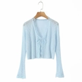 Light blue thin knit cardigan with delicate lace trim and front tie closure for women - One Size / Blue