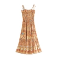 Vestido largo de verano con estampado floral vintage y falda de capas con volantes - S / Amarillo Jengibre