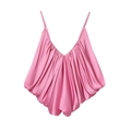 Pink satin camisole top with elegant pleats and deep V-neckline for women - Pink