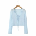 Light blue knit cardigan featuring 3D floral accents and front tie closure - One Size / Blue