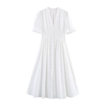 Vestido francés blanco con cuello en V, bordado calado y mangas abullonadas con cintura alta - S / Blanco