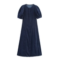 Dark blue denim dress with puff sleeves and A-line silhouette on a white background - XS / Dark Blue