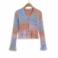 Rainbow gradient knit cardigan with V-neck, three buttons and stylish fringe details - One Size / Rainbow Ombre