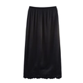 Elegant black satin midi skirt with floral embroidery and scalloped laser-cut hemline - S / Black