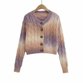 Women's gradient cable knit cardigan with purple and beige tones and brown buttons - One Size / Gradient