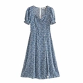 Floral square neck puff sleeve dress in navy blue with high waist and side split hem - XS / Blue