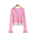 Pink V-neck knit cardigan with ruffle trim and white pleated chiffon hem detailing - One Size / Pink