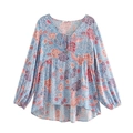 Camisa bohemia de manga larga con estampado floral, cuello en V, borlas y dobladillo - S / Azul