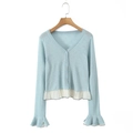 Light blue knit cardigan with long sleeves and elegant white lace mesh ruffle trim - One Size / Light Blue