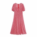 Women's red floral print midi dress featuring a V-neckline with zipper and short sleeves - XS / Watermelon red