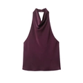 Detail of elegant dark purple satin halter neck top with drape collar and back buttons - Fuschia