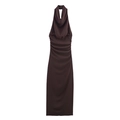 Elegantes dunkelbraunes Neckholder-Kleid mit Wasserfall-Ausschnitt und Raffungen - XS / Braun