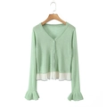 Slim fit light green V-neck cardigan featuring white ruffled hem and sleeve cuffs - One Size / Light Green